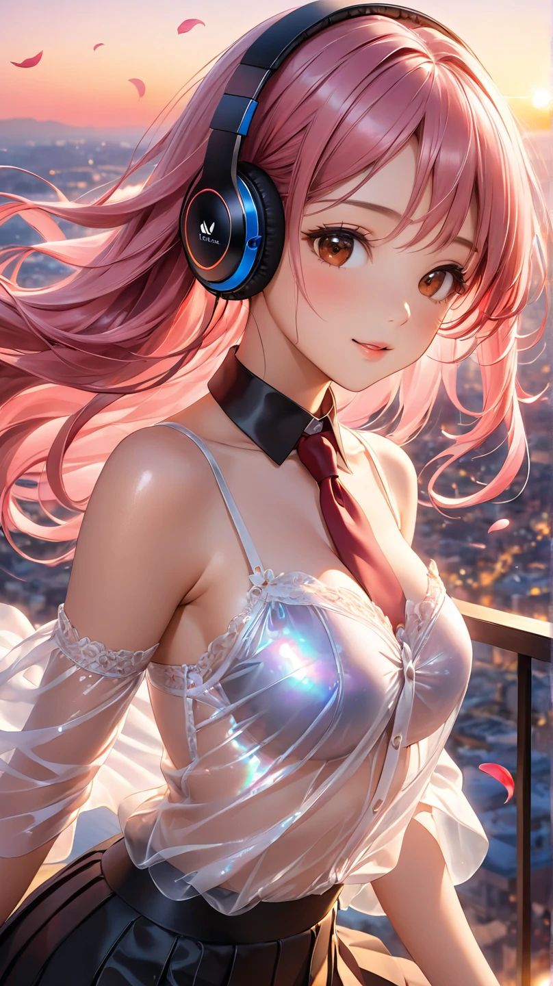 masterpiece, top-quality, The ultra -The high-definition, Top resolution, ighly detailed, pretty skin, animesque, headphones、Controller in hand, full bodyesbian,Look at viewers、Standing、nudde, Colossal tits, Very large breasts, Valley、Large valleys、Young Face, 20 years girl, semi long hair, Pink hair,Large valleys、seminude、Wet clothes、a wet body、Thin-skinned clothing、clothes with visible chest tips、perspiring、Breast protruding from clothes、Clothes that show through the tummy、Under the breasts、embarrassed from、red blush、Show off、cleavage of the breast、crotch shows through、Areola showing through、The pubic area is open、is open、Pubic area visible、Vaginal launch、Minora、insertion、monitors、Cyber City、nightcity
