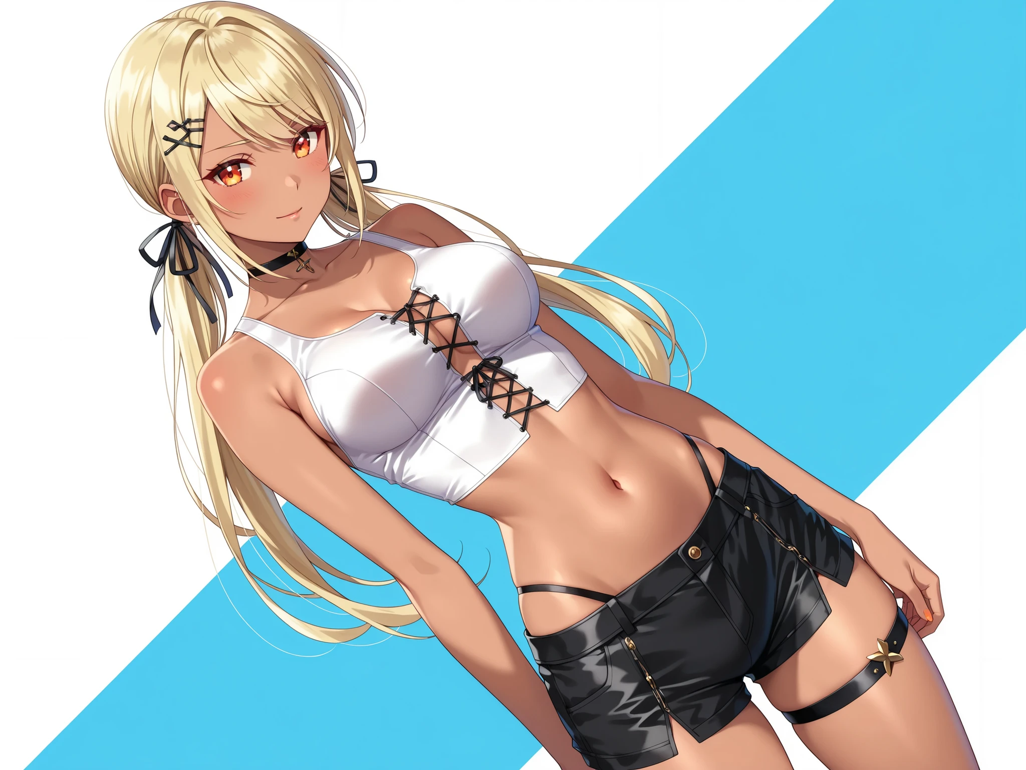 solo,masterpiece,best quality, masterpiece, Super detailed,High resolution,Extremely detailed CG,QpiCos1 dark skinned female, orange eyes, blonde hair, long hair, low twintail, hair ribbon, hairclip, choker, white shirt, midriff, black shorts, thigh strap,medium ,white tank top, cross-laced clothes、cleavagbreasts,(masterdetailed:1.2),anime screencap,from side