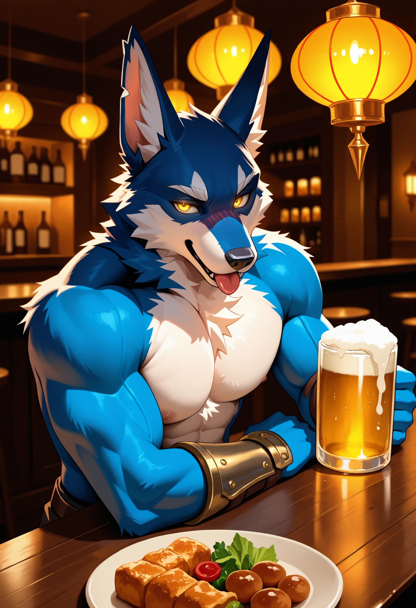A furred male anthro dragon bartender, with black fur and red eye, naked, erection, fine size penis