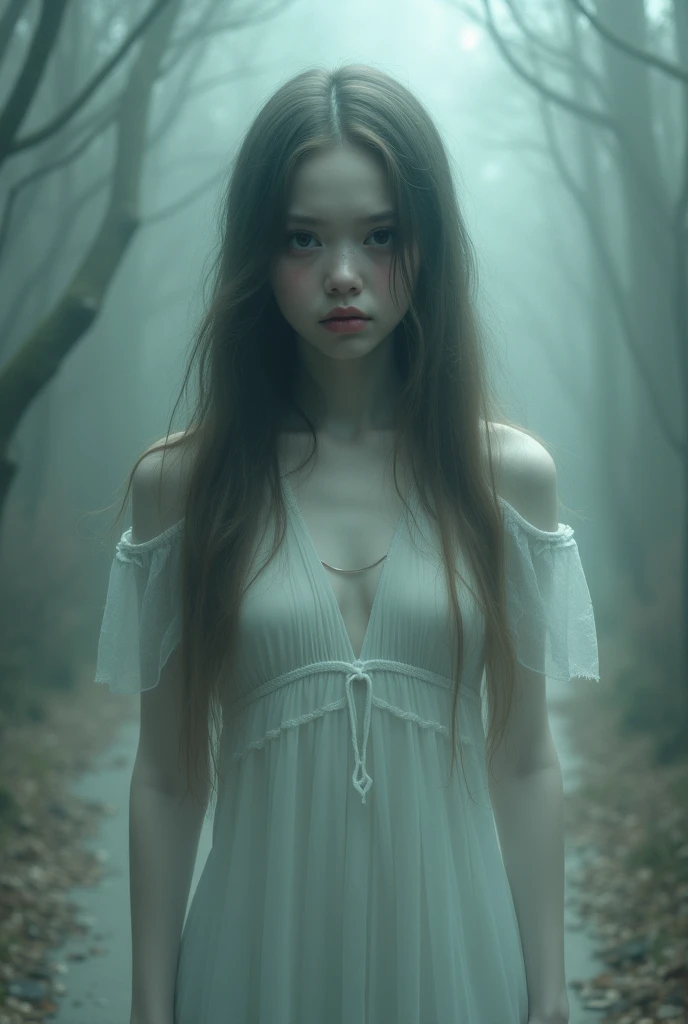 Ghost girl Her face is expressionless, lifeless, with no visible emotion — just blankly staring out
