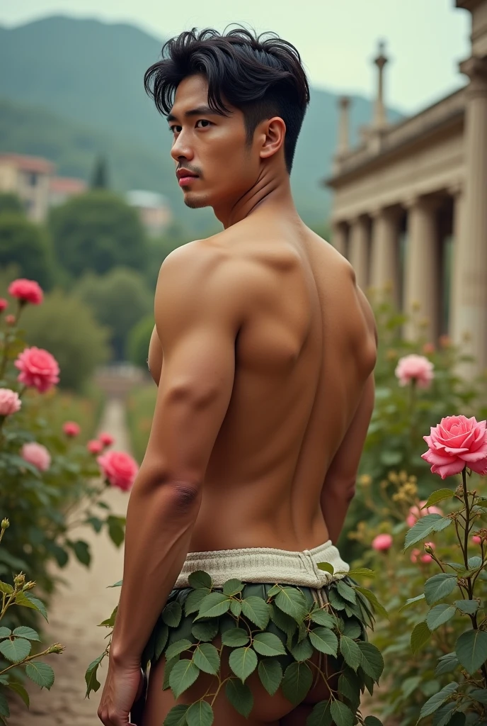 ((realistic photo)), handsome guy, 20 years old, wearing a Loincloth just covering his genitals, revealing his huge muscular thighs, carrying a red rose ((raised in front of his chest), sculpted body, Korean hair, sharp eyes, perfect face, perfect body curves, sculpted muscles , facing forward. Roses in background, Location of the Greek kingdom.