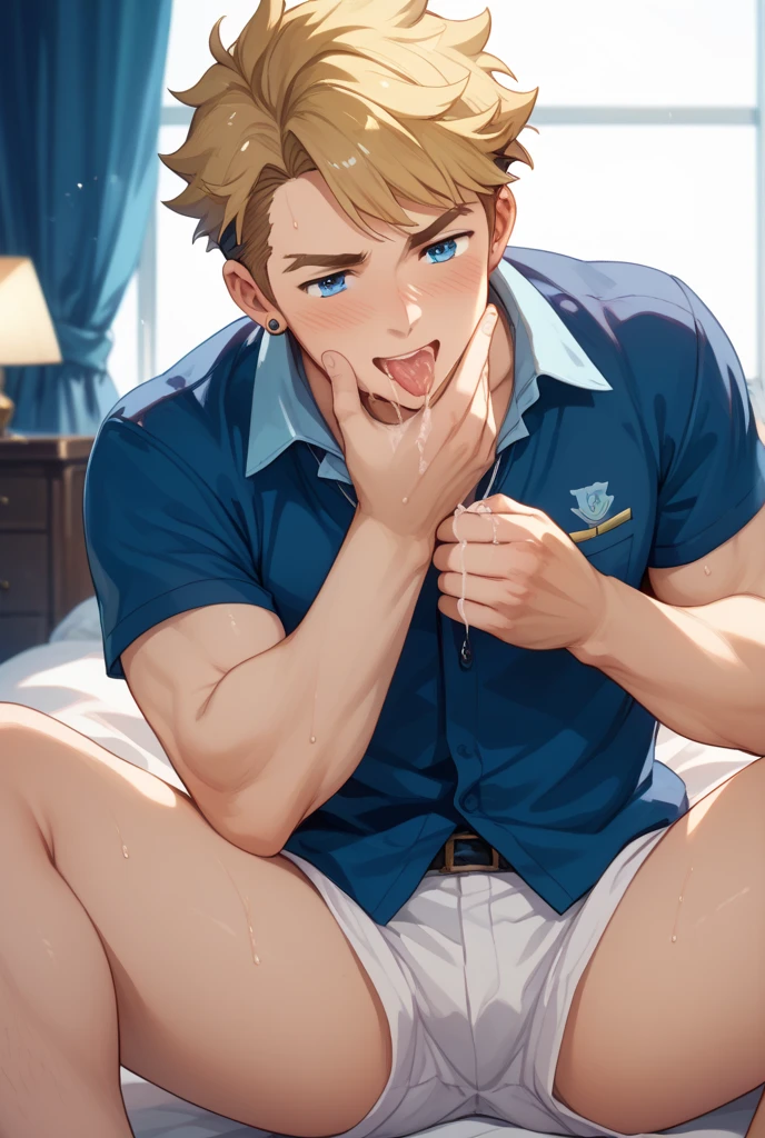 vane /(granblue fantasy/)、muste piece, ,NSFW,best quality,male,solo,beautiful detailed skin、Glittering oiled skin,blush、(white shirt, cafe uniform,detailed face,blush,Panting、泣いている,orgasm:1.2), complicated and elegant、sexy、 Strong muscles、spread legs,(anal,penis,sex,projectile cum,semen,:1.3),kitchen