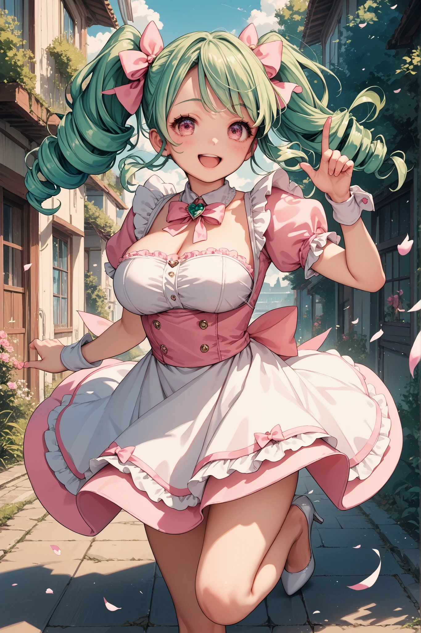 score_9_up, score_8_up , score_7_up ,Source_Anime,1 cute girl, emerald hair , twin tails,twin drill, pink ribbon, ,  cute white   French maid costume with pink lines, miniskirt, pink eyes, white high heels,happy smile,cute ,chocolate,wind lift,running