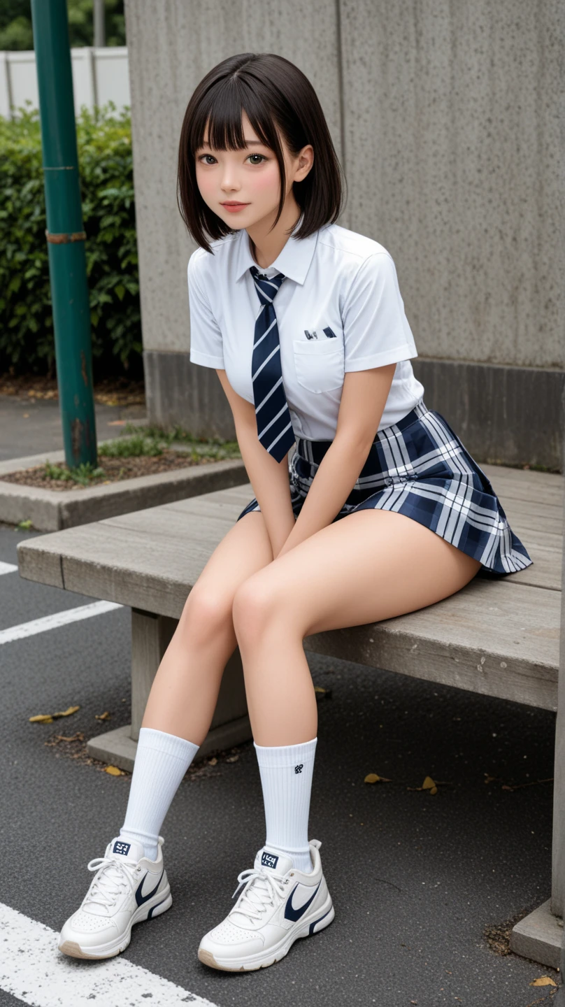 undergarment, photo of 15 years old girl, cute little, ((Lace panties, pantyshot, wear skirt, White panties are visible))、 ((Physical education sitting、Sitting on the grass with open legs、A-shaped legs)), A dark-haired, blurry backround, knee high,all nude,full nude, head rest, Shot from below the front, plein air, masterpiece, top-quality, ultra-detailliert、neatly trimmed lawn,sitting on a small wooden stand,Carefree smile,Photographed from below,neatly trimmed lawn,