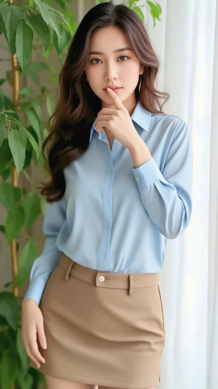 Gorgeus Girl, Beautiful, Baby Face, 20 Years Old, White Skin, Sexy Pose, woman trousers, Blue Eye, Bokeh, bedroom hotel Background, Masterpiece, Fullbody Shot, business suits, long red shirt