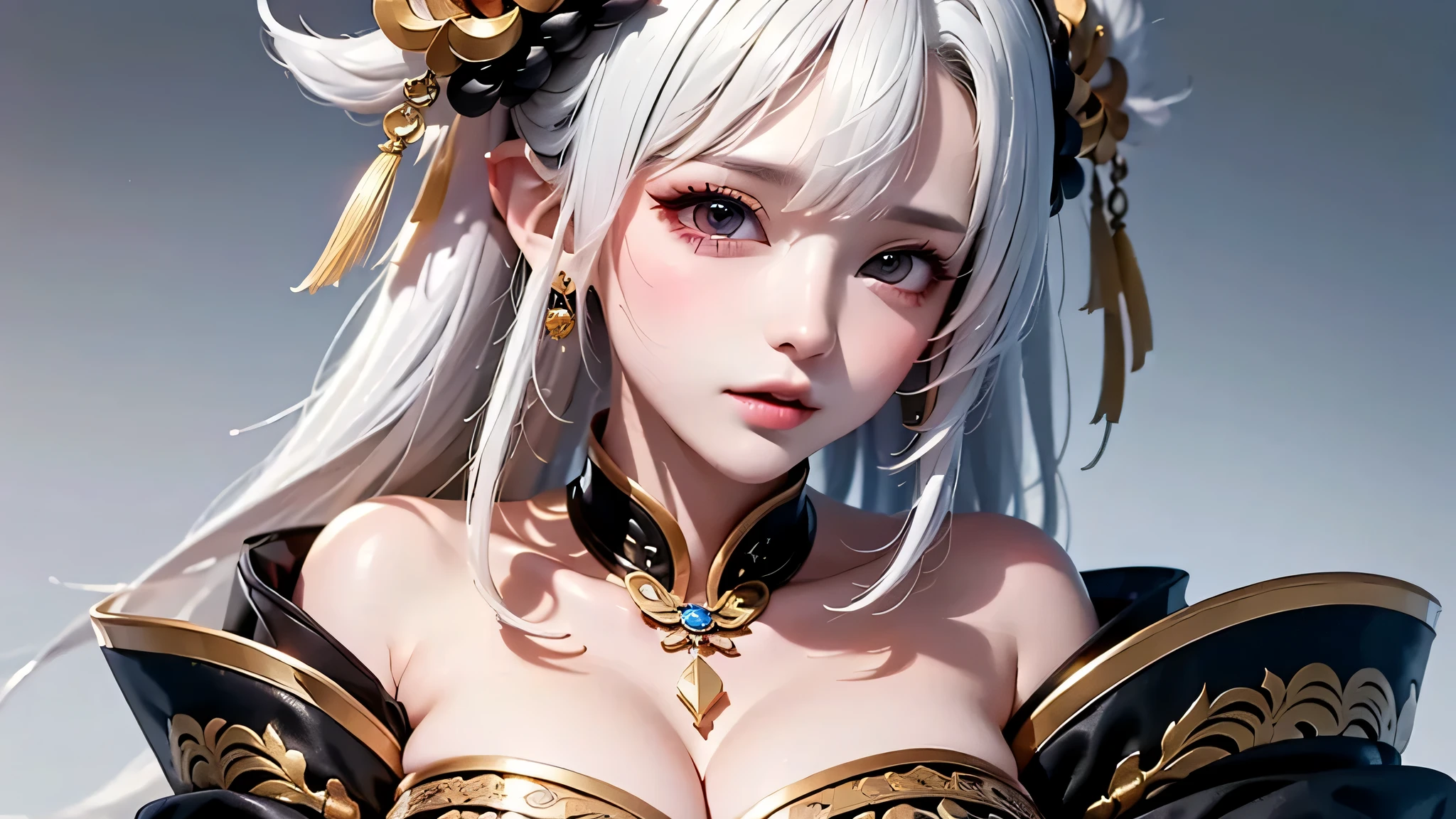 Manteau blanc,white skinned,whaite hair,,long braid,Golden eyes,Look up,The upper part of the body,Need,tmasterpiece
