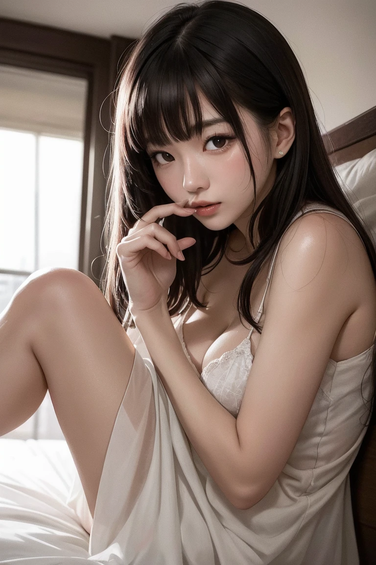 person girl, solo, very detailed, ultra detailed, ultra high definition, (photorealistic: 1.4), (best quality), (best shadow), detail, perfect lighting, black hair, long hair, (small: 1.2), Japan person, 28 years old, white nightgown, smile, on bed, attractive pose, full body