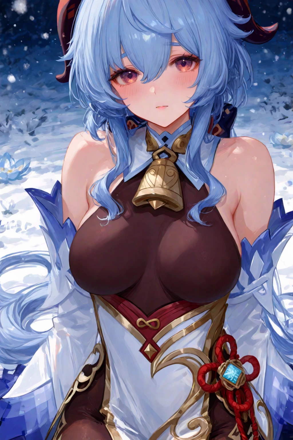 Genshin impact character Ganyu, One girl, light blue long hair, sitting on the streets stairs, legs wide open, dont cross legs, bare naked, bare arms, show breasts and nipples,show pussy, show feet, smiling, snowing, distant lamp lights, snow on the ground, bright house window, holding bow and arrow on the right side