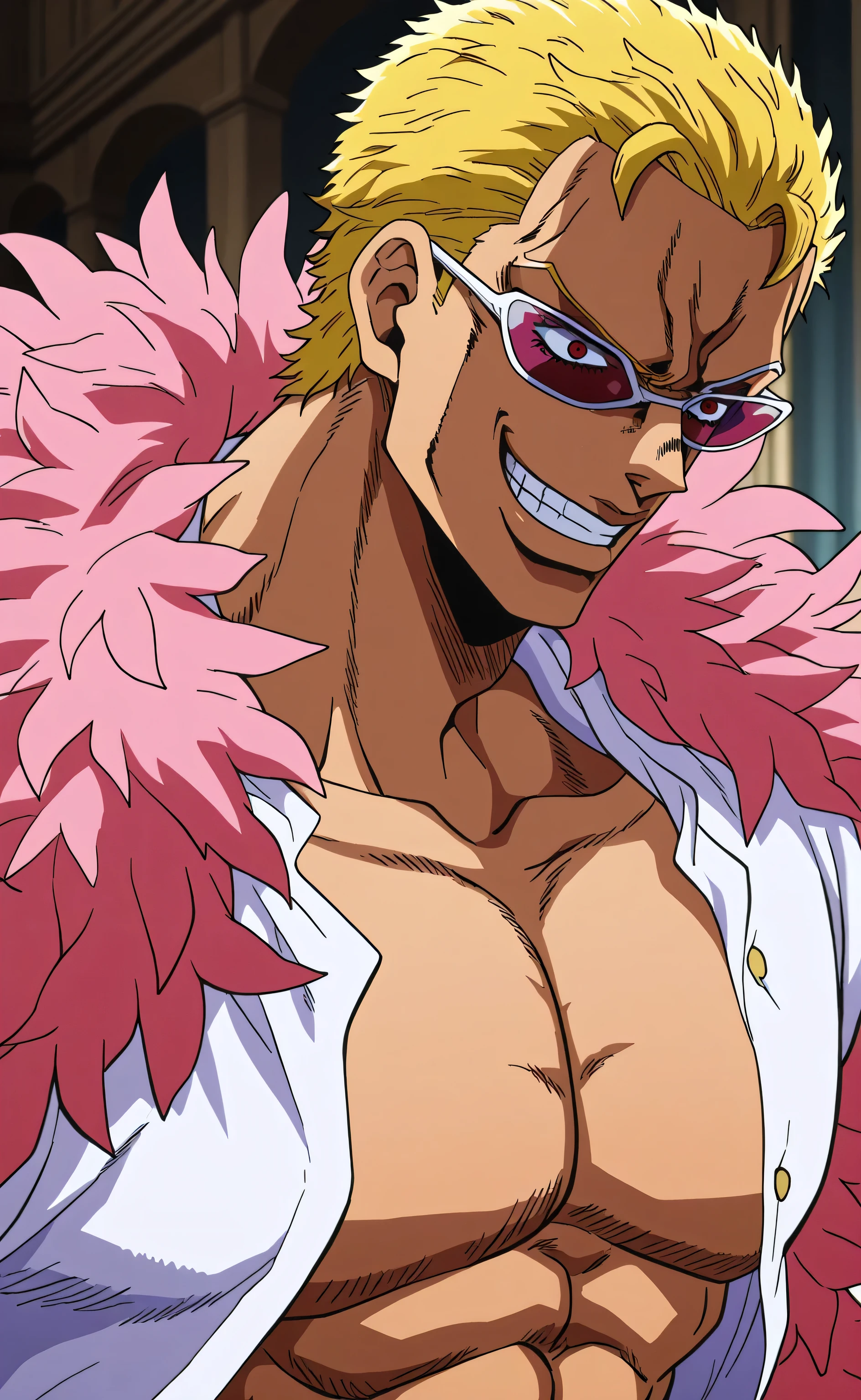 1male,solo,Don Quixote Doflamingo,blond hair,short hair,sunglasses,Crazy smile,white shirt,open shirt,big muscle,Opera house,Jojo's Bizarre Adventure Style