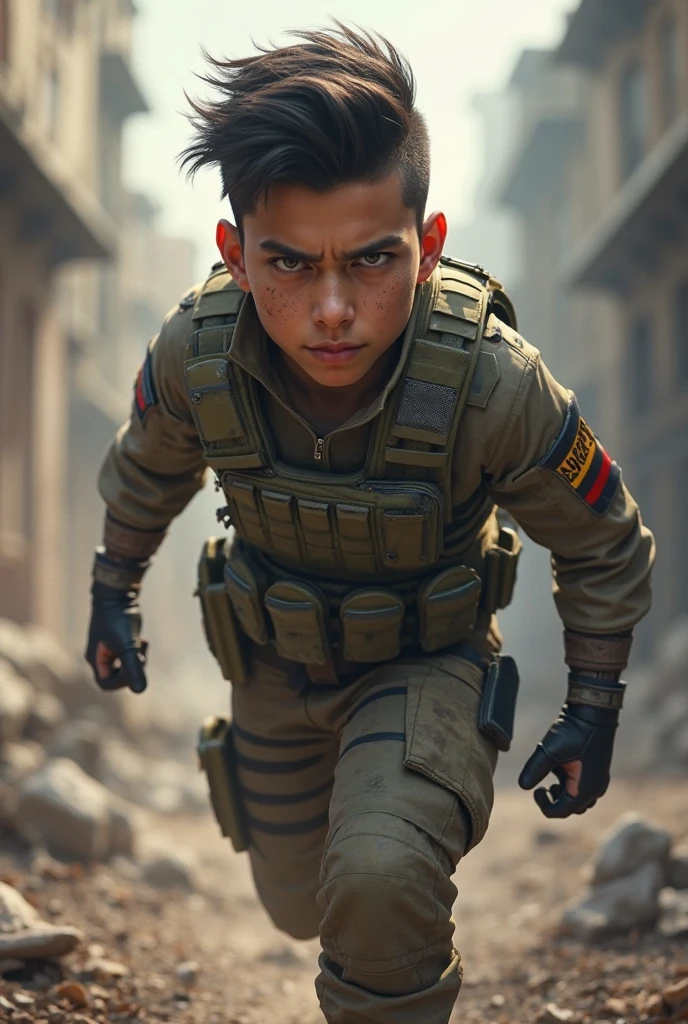 A teen ager male wearing simple battle suit
