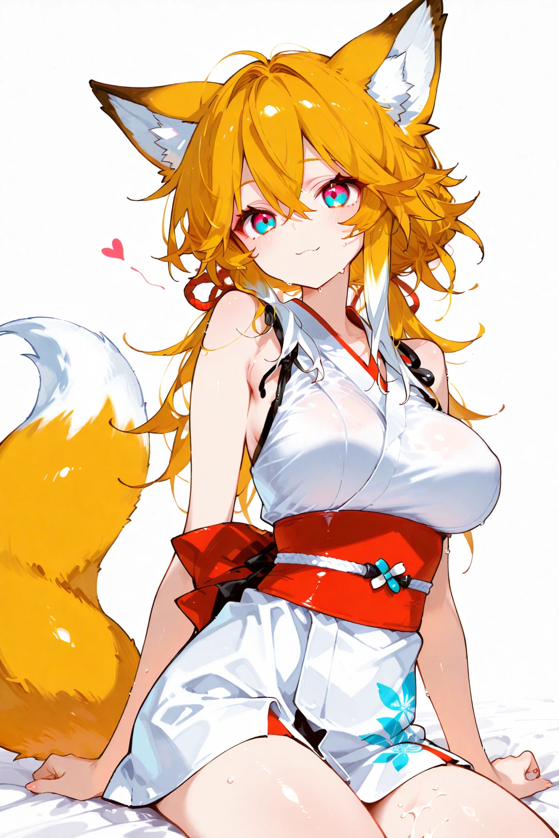 solo,animal ears,1girl,simple background,tail,navel,panties,striped panties,striped,fox ears,((suzuran \(arknights\))),blonde hair,green eyes,fox tail,white background,hairband,looking at viewer,shirt,underwear,blue hairband,cowboy shot,infection monitor \(arknights\),braid,white shirt,multiple tails,arms behind back,short sleeves,hair rings,breasts,multicolored hair,crop top,white hair,smile,((fox girl)),midriff,no pants,tied shirt,bangs,blush,small breasts,off shoulder,blue panties,stomach,choker,collarbone,animal ear fluff,bow,twin braids,<lora:Ohisa_final-000004:1>,suzuran \(arknights\),adorable_girl,petite,chibi,small_body,short_hight,multiple tails,multiple fox tails,
