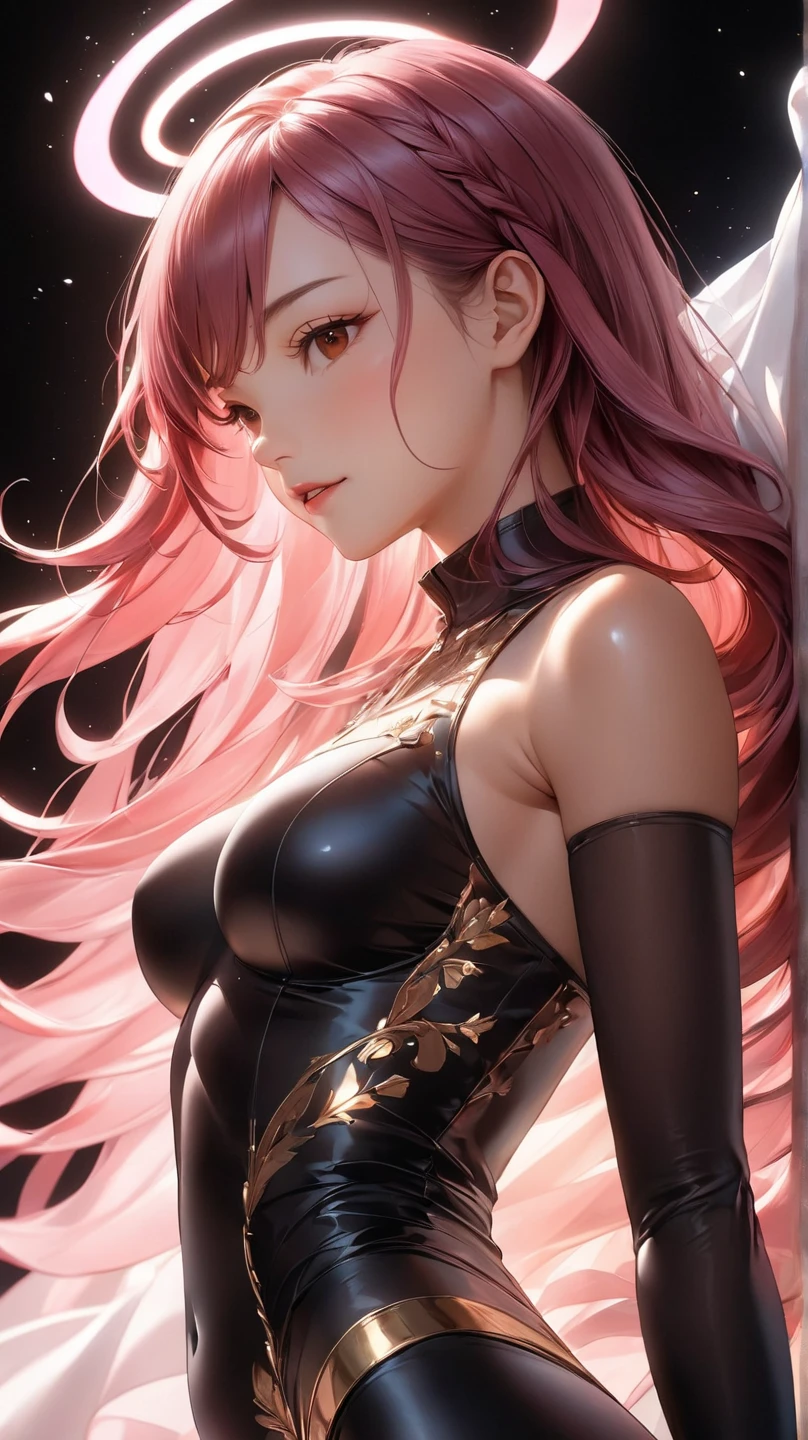 best quality, super fine, 16k, incredibly absurdres, extremely detailed, delicate and dynamic, beautiful female warrior, rainbow braided ponytail, cool and attractive look, metallic red eyes, amazing proportions, translucent iridescent reinforced bodysuit, future punk, background ruined city