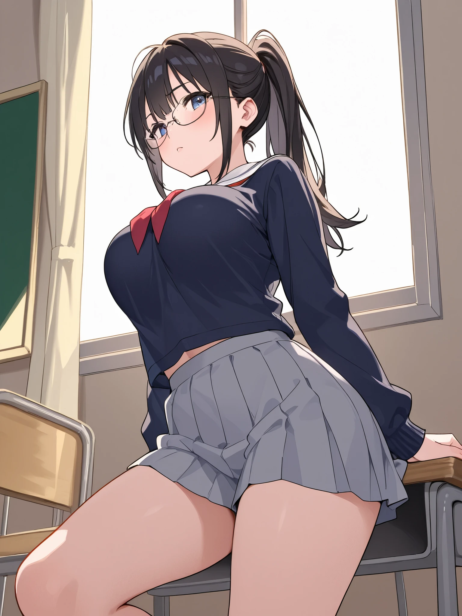 Ultra-detailed illustrations、Ultra-precise expression、masterpiece、Highest quality、ultra High resolution、High resolution、Hiromitsu Takeda Style、White background、Simple Background、classroom、Sit on a chair、Young、One girl、10th Generation、solo、Black Hair、Drooping eyes、Black glasses、Two short braids、Grey Eyes、Sailor suit、skirt、Pull down black tights、Pink Panties、Big Breasts、White Breath、Sweat、Pussy juice、Completely naked、pubic hair、Masturbation、