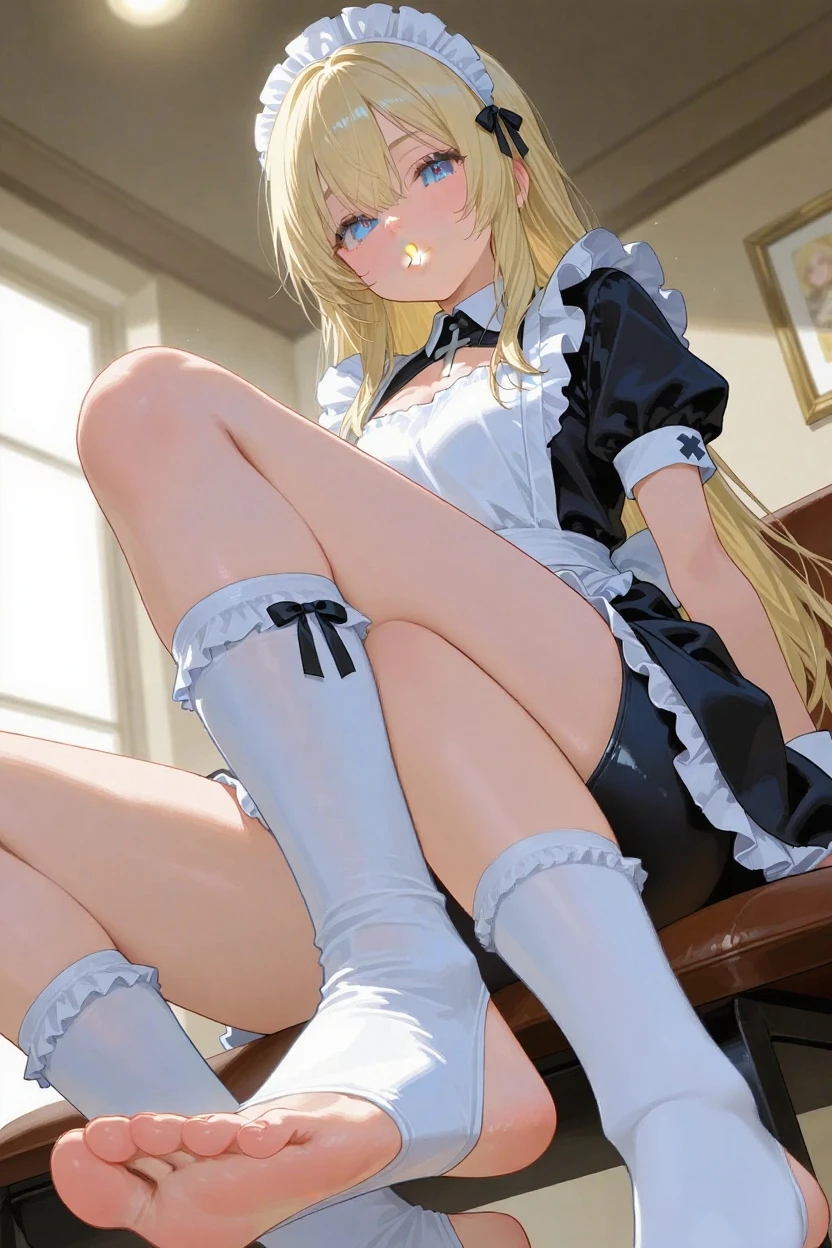 8K RAW photos, high resolution, very big breasts, bossy pose, moody smile, pretty bright blonde hair, maid clothes, school rooftop, school bench, beautiful thighs, beautiful knees, thighhighs, two beautiful girl at 16 years old, round face, baby face, very thin mouth, beautiful eyes in detail, long eyelashes, beautiful double eyelids, sanpaku eyes, duck mouth, blunt bangs, earrings, necklace,