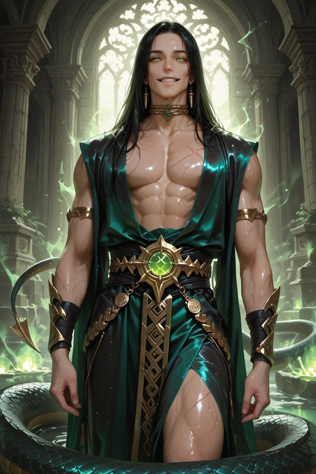 (8k,shipmentsrrealista　shipments　Maximum quality;1.4) (1 young boy) Super handsome king of the underworld　(lifelike face) 　(long hair, bright green floral hair)　slenderbody　Muscular and hairy and macho　Shiny green floral aristocratic outfit with large golden eyes　bright green floral decoration　Fangs peeking out of the mouth　Pointed claws　a seductive gaze　Beautiful expression　A hyper-realistic　(King of the Underworld)　appealing　(real looking skin)　super high resolution　high détail　Luxury floral green pants　golden pink green aura emanating from the body　effect　 green floral transparent cover 