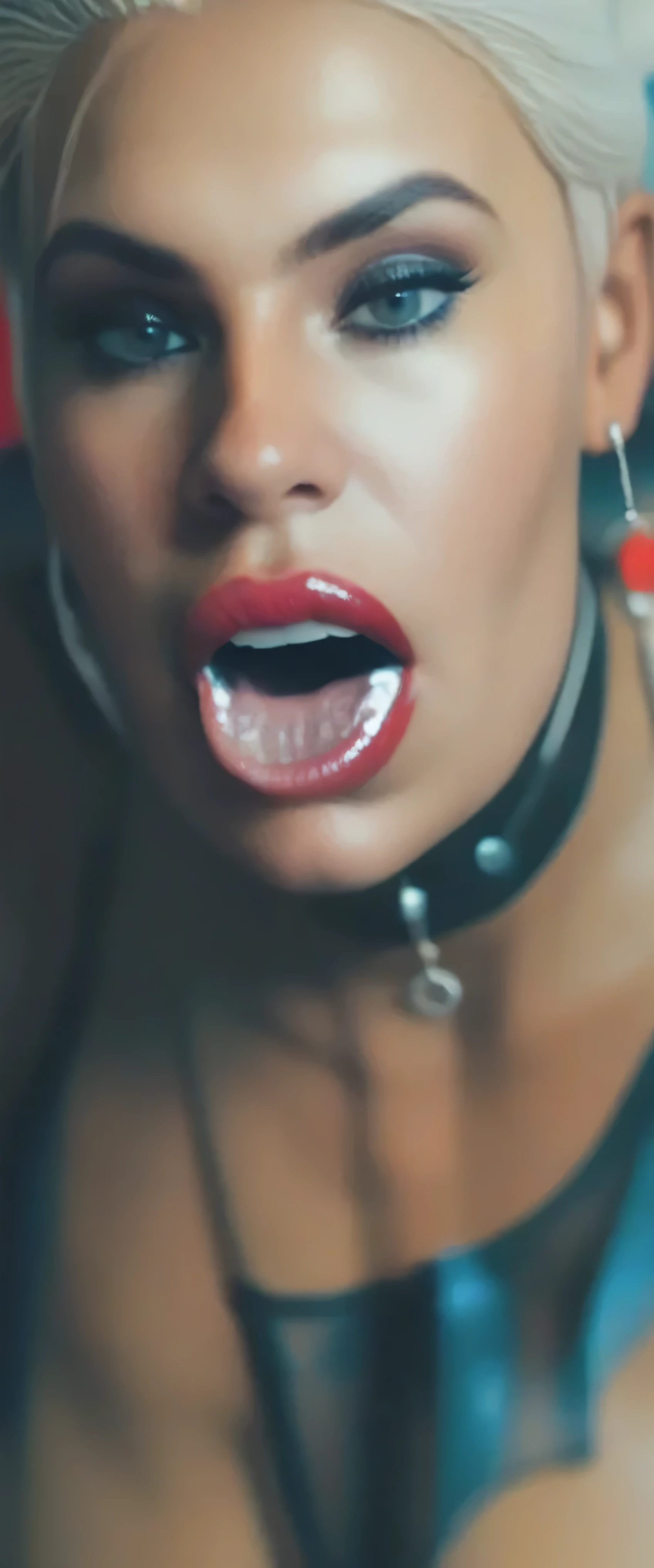 close up shot from above, pov, disrobed , brunette , slovakian 22 years old punk woman, mouth slightly open, slightly sticking out tounge ,psychotic, , desperetly begging, spreading legs, , shave head, skin unperfections, low contrast, muted colors, Kodak, photographed by Matias Altbach, moviemaker style