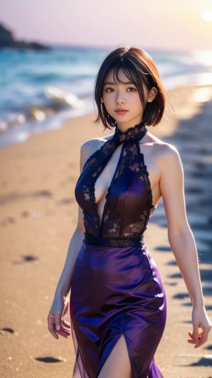 Young Female ninja in fishnet with sexy bare feet and black toe nails exposed with boob cleavage showing