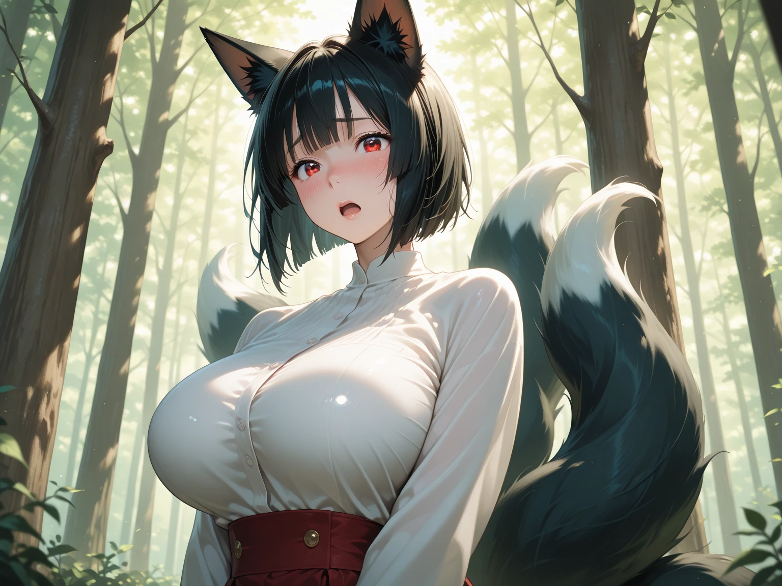 masterpiece, best quality, anime, Sora, ((Boy)), cute, Turtleneck with white stripes, Hoodie off-shoulder,. Sideview, ((Red and Grey eyes)), ((Black Wolf tail and ears)), ((Really fluffy tail)) Cute expression, Black and white Sport-Shorts with Thigh Highs, tongue sticking out, ((Original sitting With genderbent version)) ((Genderbent having really big breasts)), ((Genderbent showing off breasts)), ((Embarrassed trying to hide genderbent's breasts with hands))