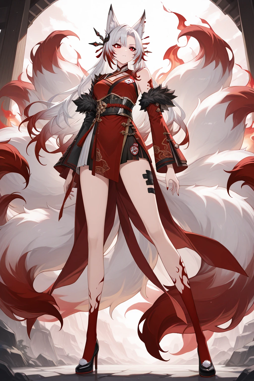 Beast, giant nine-tailed fox , full body

Giant fox, nine tails, red fierce eyes, (fur: white, red at tail and ear tips and paws, random patches on body in red, one large blue strip on hind legs), intricate hair piece at the base on one ear, radiates flaming aura

fine details, masterpiece
