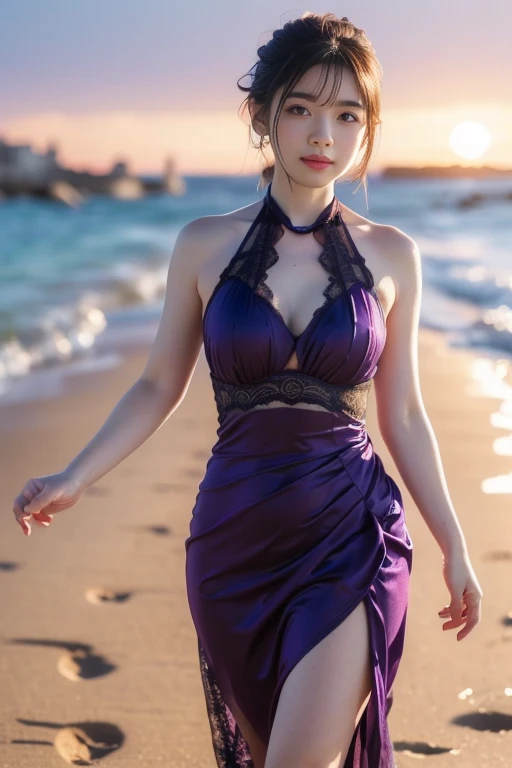 (((masterpiece))), ((best quality, Ultra high resolution)), beach, night, full body, 1girl, 16 years old, expressive eyes, perfect face, mature woman, perfect hands, perfect fingers, perfect legs, (delicate illustration), silver eyes, beautiful eyes, bob cut, silver hair, (big breasts:0.9), happy, smile, embarrassed, BREAK (sheath-line, Maxi-length sundress), (lupine flower print), (sleeveless Maxi-length white sundress with purple lupine flower print), (plunking neckline, collarbone), (purple lupine flower print on Maxi-length dress), (sandals with heels),