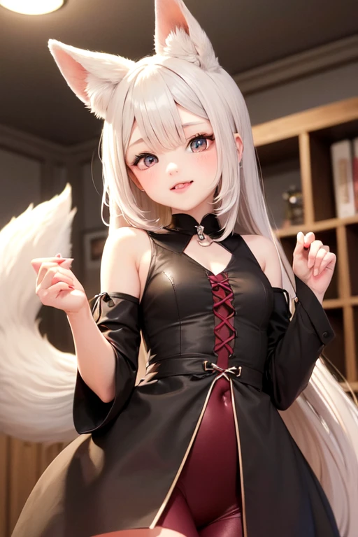 fox-girl,Beast Girl,White color hair,Sexy figure,shaggy,cheeks slightly red,teens girl ,solo person,Long, Fluffy tail,Heterochromic pupils,high qulity,highly accurate