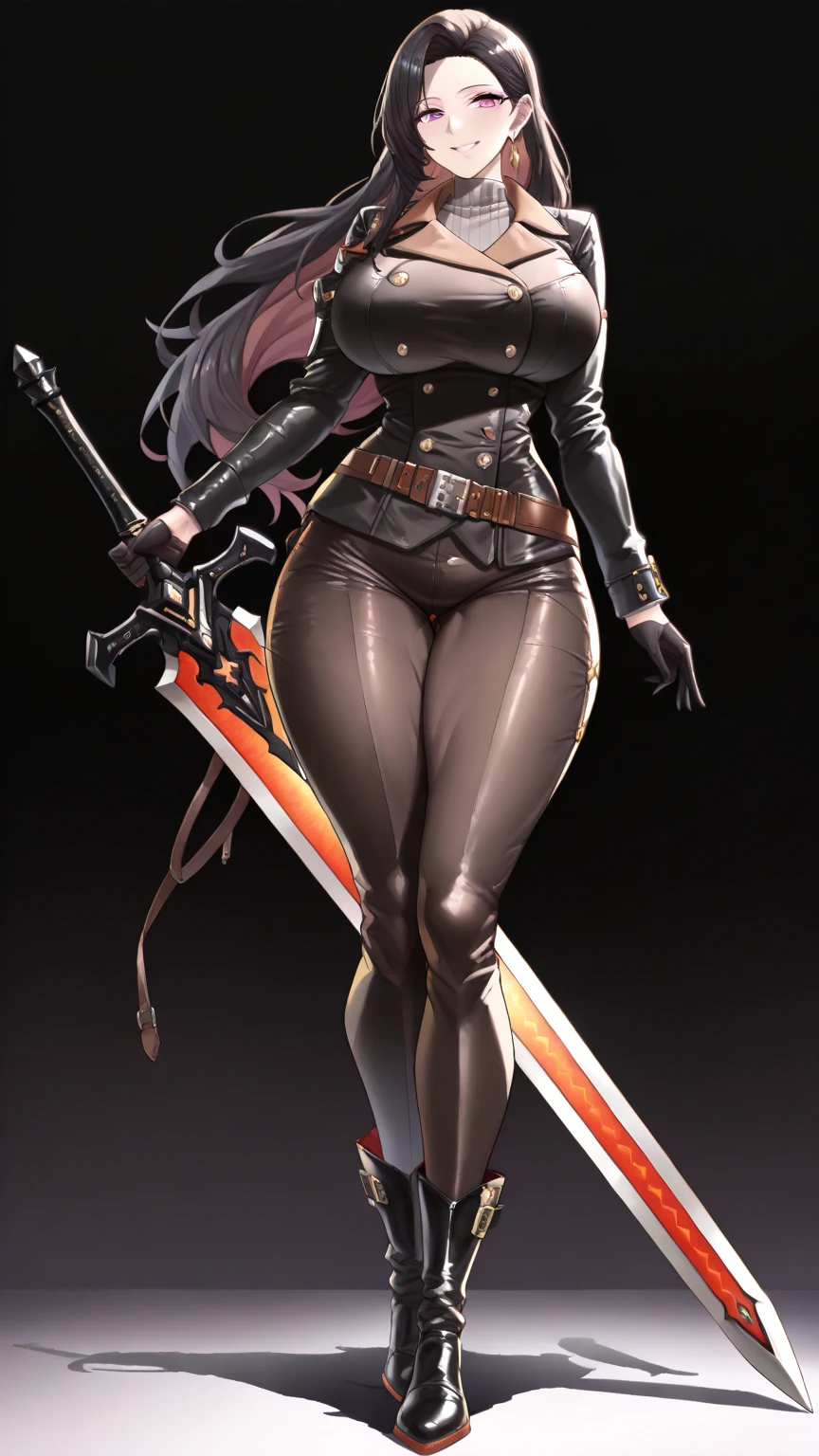 Tall woman, long and very curly red hair, anime style, gentle smile, gray leather leggings, hiking boots, burgundy crop top, leather chest armor, exposed cleavage and midriff, standing, spear in hand