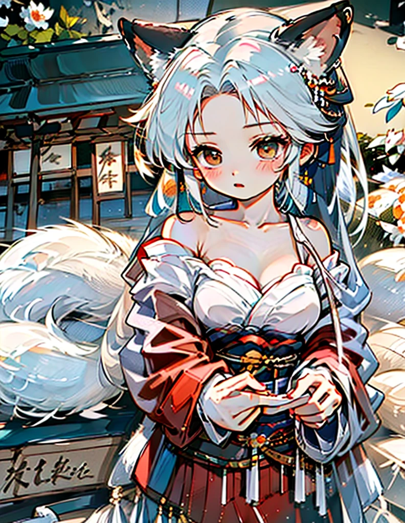 masterpiece, 1girl, best quality, beautiful detailed eyes, perfect face, beautiful detailed face, looking at viewer, sigma 400mm f1.8, photo fine print, amazing sharp focus, ultra detailed, yellow eyes, long hair, white hair, kimono, smile, animal ears, long sleeves, stairs, torii, sitting, floral print, medium breasts, <lyco:GoodHands-beta2:1.0>