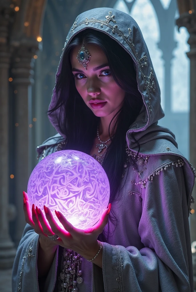 In the hovering celestial portrait, a mesmerizing mauve-tinted phantasmagoric mage captures our attention. This image, reminiscent of a meticulously painted mystical landscape, portrays a mage with ethereal features, radiating an otherworldly aura. The aerial photograph showcases the mage suspended mid-air, surrounded by swirling lights and enchanted mist. The impeccable sharpness and vivid hues of the image flawlessly depict the mage's intricate robes adorned with intricate symbols, while every subtle detail of their intricate face is visible, from the glowing eyes to the intricate facial tattoos. The mage's enigmatic expression captivates viewers, inviting them to ponder the secrets they hold within.