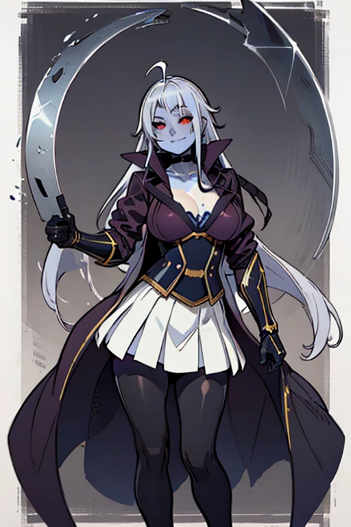 ((best quality)), ((highly detailed)), masterpiece, detailed face, beautiful face, , (1girl), (solo), fisheye lense, cowboy shot, very wide shot, <lora:CHAR-LalaMM:1>, LalaMM, very long hair, huge ahoge, black sclera, (colored skin, blue skin), medium breasts, smiling, LalaBase, scarf, black coat, armored waist, white skirt, black gauntlets, black thighhighs, holding scythe. (outdoors, at the tundra, dawn)