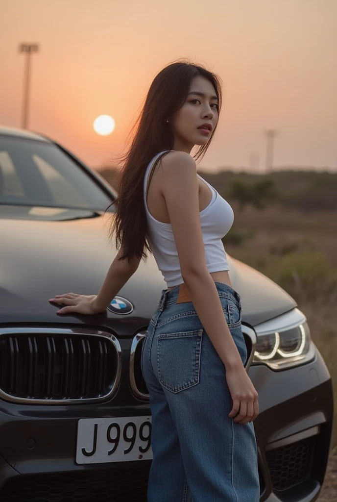 beautiful sunset, (realistic, high resolution:1.3), 1 girl with perfect figure, super fine face and eyes, long hair, tank top: 1.2 in random colors, short jeans, standing beside the car, big breasts, exposed cleavage, (cameltoe), (full body photo:1.3),