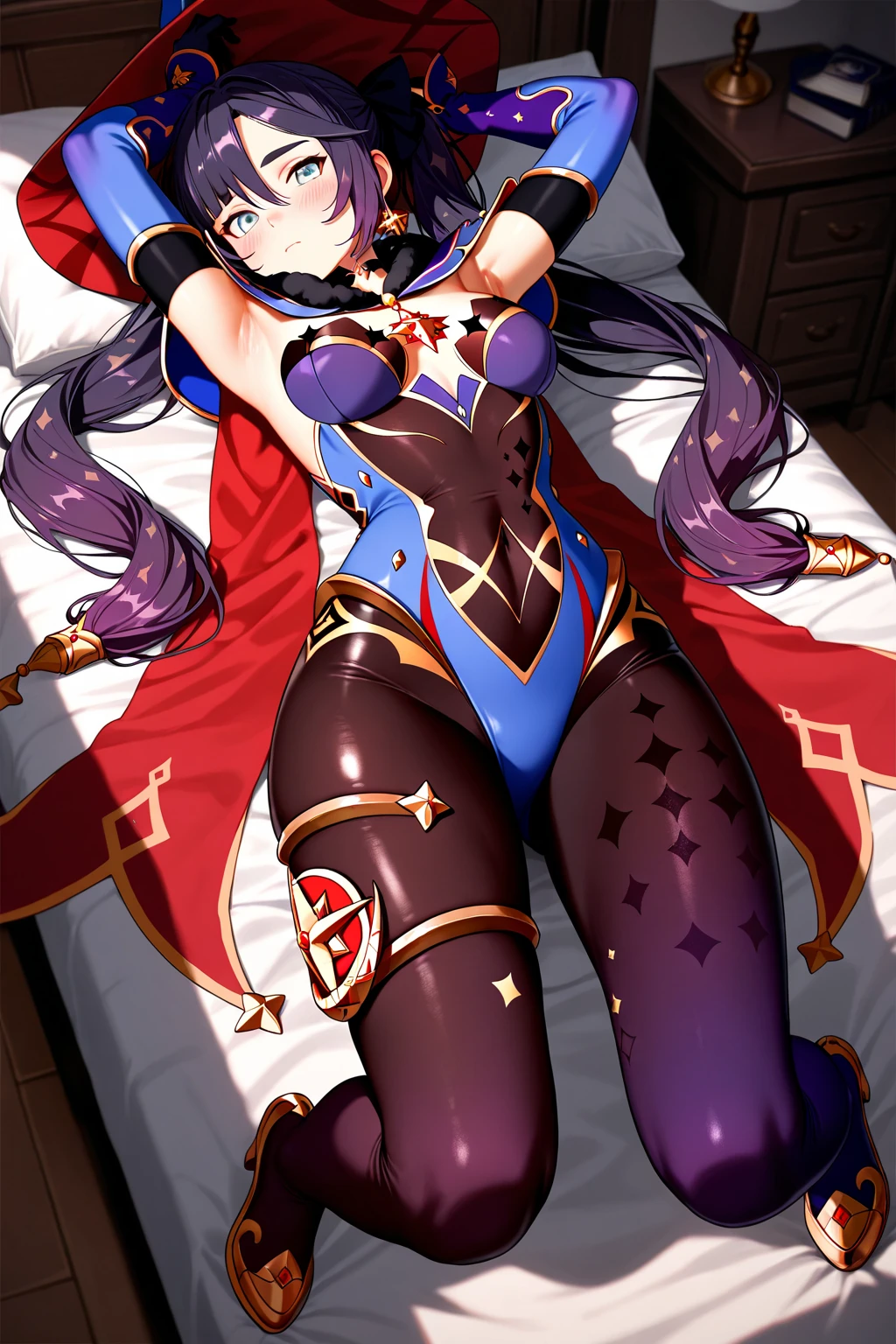 ((masterpiece,best quality)), 1girl, xueyi, bare shoulders, gauntlets, white pantyhose, no shoes, lying, on bed, from above, arms up, from behind, looking back, blush, full body,