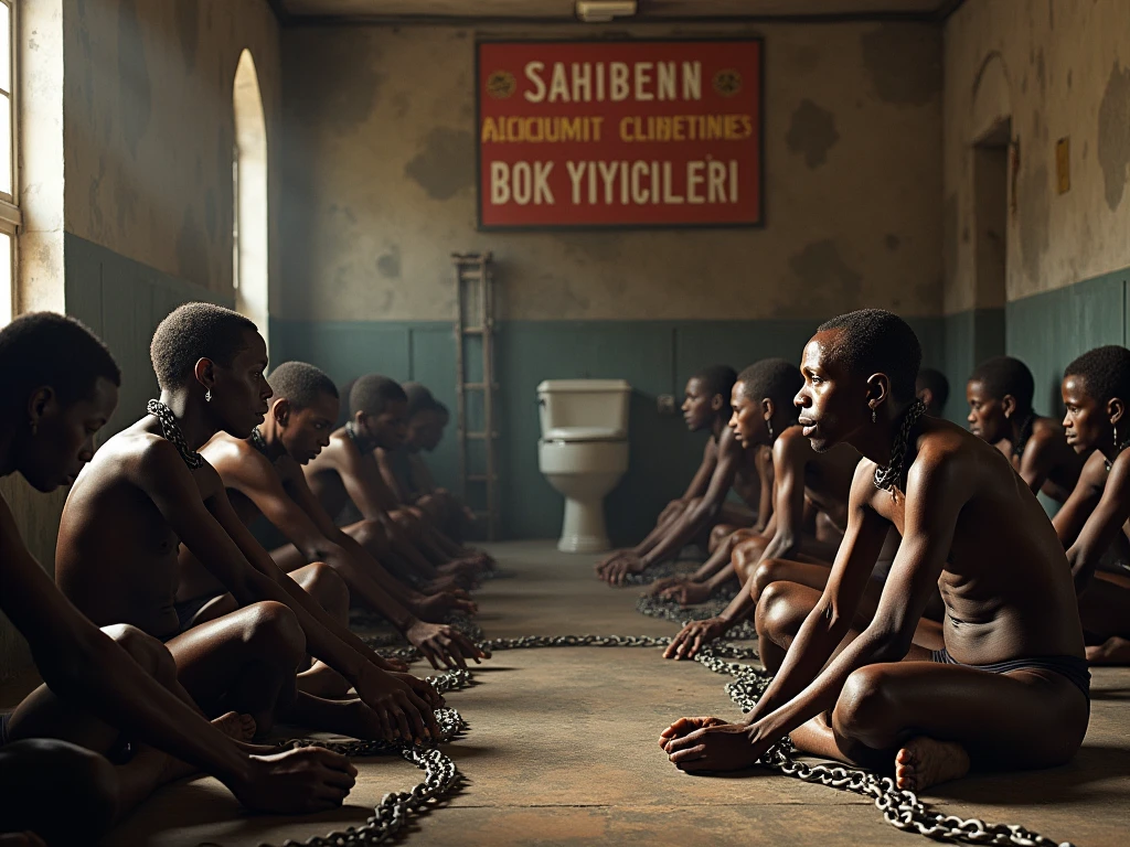 Five half-naked African slaves tied with a rope, descendant un escalier, tristesse dans les yeux, Whole naked body chained with wrought iron chains, no clothe, pas de coiffe, cheveux noirs, Dynamic scene from the movie Amistad, looking at the 50mm camera, Realistic photo HD, Diffuse light, Rebel Republic Environment, , hyper detailed, Whole size, Plusieurs hommes et femmes esclaves debout, loin cloth, esclaves, Himba, corps entiers, all are chained, chaines en fer, Hands tied with a large rope, Homme africain, Enslaved humans, Screenshot of movie 300, Samuel Jackson, africain, The man has black skin, Scene from the movie Amistad, dark-skinned, pagne