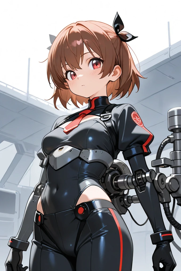 ultra-detailed, Explicit, Beautiful body, Beautiful Nose, Beautiful character design, perfect eyes, perfect face, ultra highres, 4K, beautiful legs, perfect legs, Nice hands, Perfect hand, Masterpiece, Best Quality, Highly detailed, illustration, absurdres, perfect anatomy, street fighter, doll suit, shadaloo doll, dollsuit, expressionless, blank eyes, looking at viewer, red gloves, emotionless, black latex, corruption, mind control, female combatant, full body, hypnotized, unhappy trance, full body suit, ribbed bodysuit, both arms at side, obey, perfect female body, extremely glossy latex, hypnosis, hypnoLora, empty eyes, Mind control device, poses, submissive_pose, Slave, standing straight, standing, standing at attention, hat, necktie, belt, latex, ribbed bodysuit, thigh Highs, garter belt, Fighting Stance, extending the right arm from the shoulder into the air with a straightened hand, military, thigh boots, black pantyhose, (((pixel-perfect, detail-perfect))), solo, 1girl, hair ornaments, short hair, brown hair, short brown hair, blue eye, golden eye, Kozue Hiiragi, Heaven Burns Red, medium breast, Heterochromia