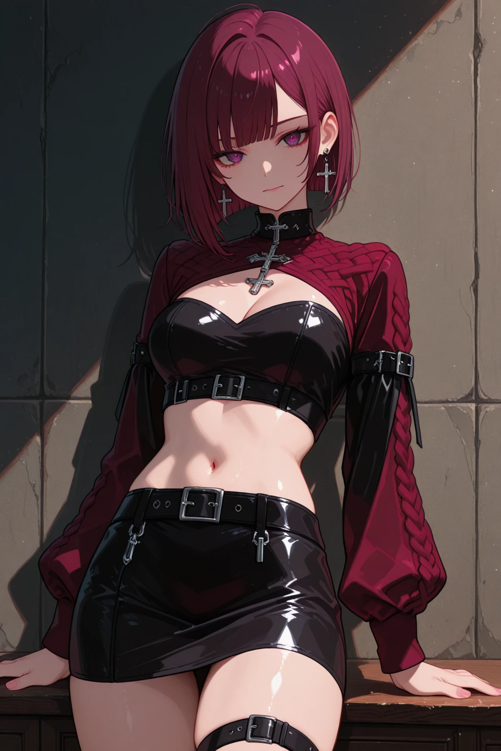 young girl, long red hair, punk haircut, turquoise eyes, Scars, punk make-up, leather jacket, Burns, ripped clothes, madness, smirk, Masterpiece, highly quality, show ass, tiny ass, thin leg, butt holding