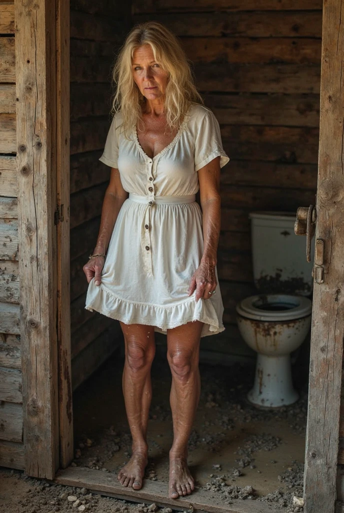 gilf pissing and shitting inside a big outhousetoilette naked in the forest