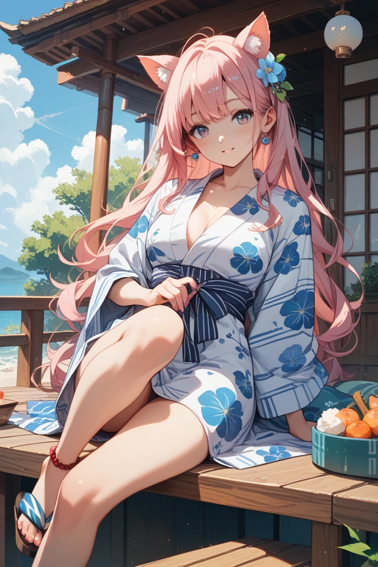 best quality, masterpiece, highres, solo, {yukata:1.40}, {kimono:1.20}, {richelieu_azurlane:1.15}, long_hair, breasts, blonde_hair, large_breasts, swimsuit, hat, red_eyes, white_headwear, cleavage, orange_hair, one-piece_swimsuit, pink_one-piece_swimsuit, sun_hat