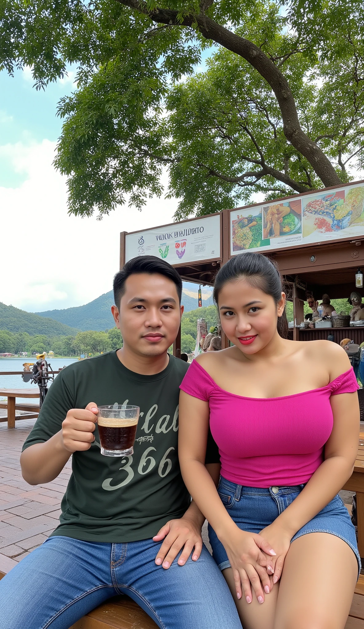 Facing forward, low angle shot. an Indonesian man wearing a dark green tshirt with the words "366" written on it, jeans, sitting on a wooden bench, he is holding a glass cup of black coffee, beside him a curvy woman red lipstick, with her hair tied, she is wearing a pink tight tshirt with shoulder off, a denim mini skirt, behind them a food stall, on top of it there is a sign that says "warkop randa", beside the stall there is a large shady tree, with a view behind it of a lake and hills, they are looking to camera