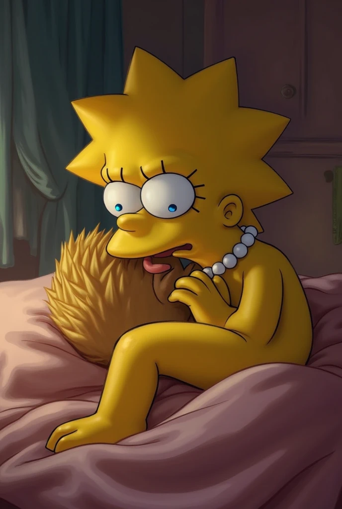 pov, lisa simpson, half-closed eyes, looking at viewer, red dress, pearl necklace, cum on face, foreskin