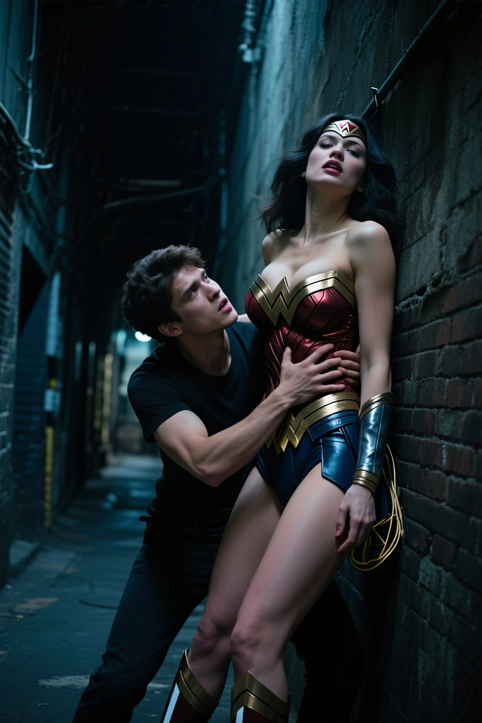 Wonder Woman (struggling), (handcuff:1.1), leg tied, tied by thugs, (crowded), (mans in background try to tied her:1.2), tied, bound, (Wonder Woman with skirt:1.3), (Restrained:1.5), BDSM, (two man tied her up:1.2), (bird view angle) , (dress up) , unnaked, (ropes all over body), (eyes up), (painful), head down, (terrify:1.1), (angry eyebrow), (in the cave:1.1)