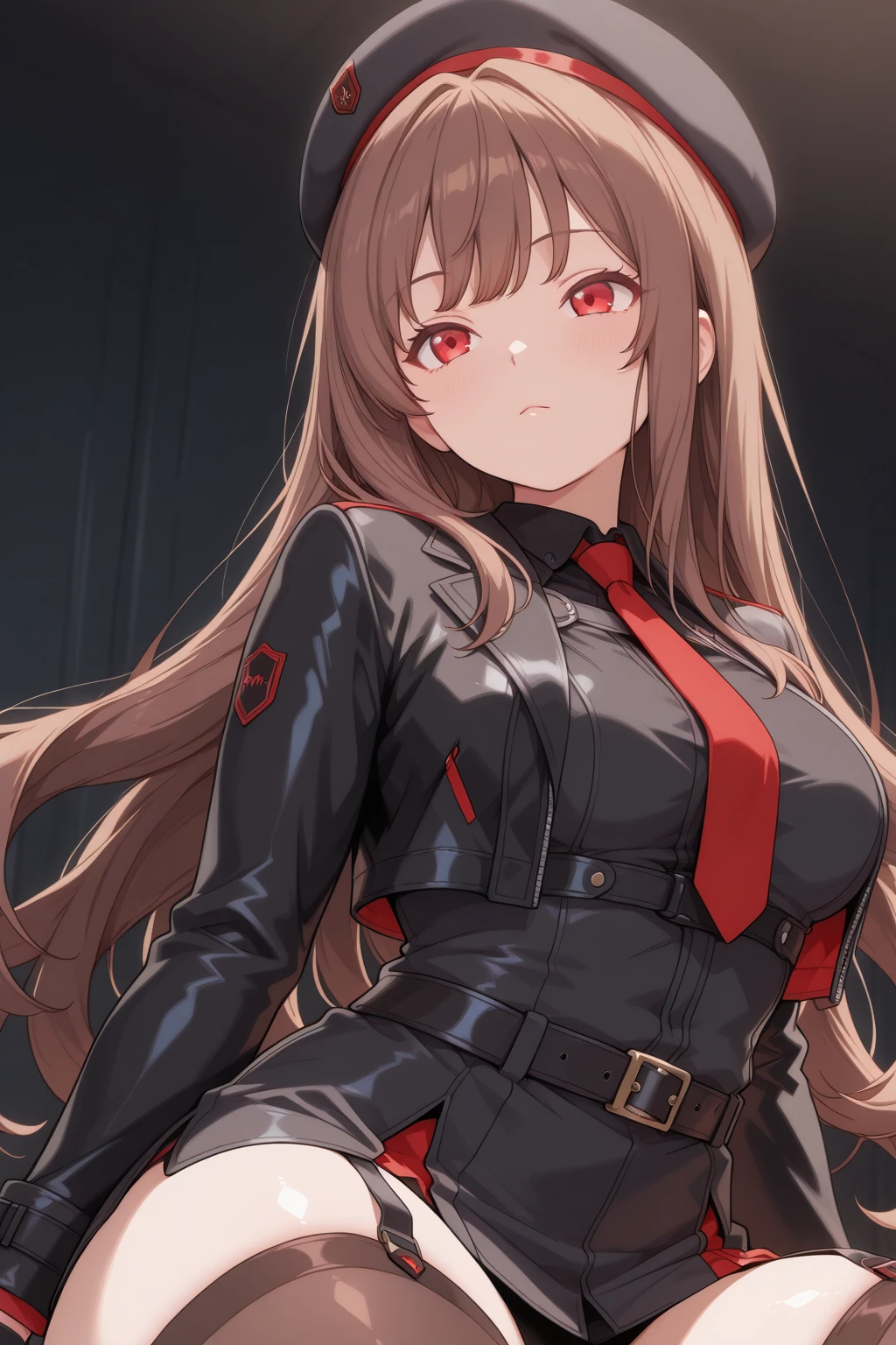 A woman with short curly brown hair, black eyes, wearing a dark red suit and white boots, introverted expression