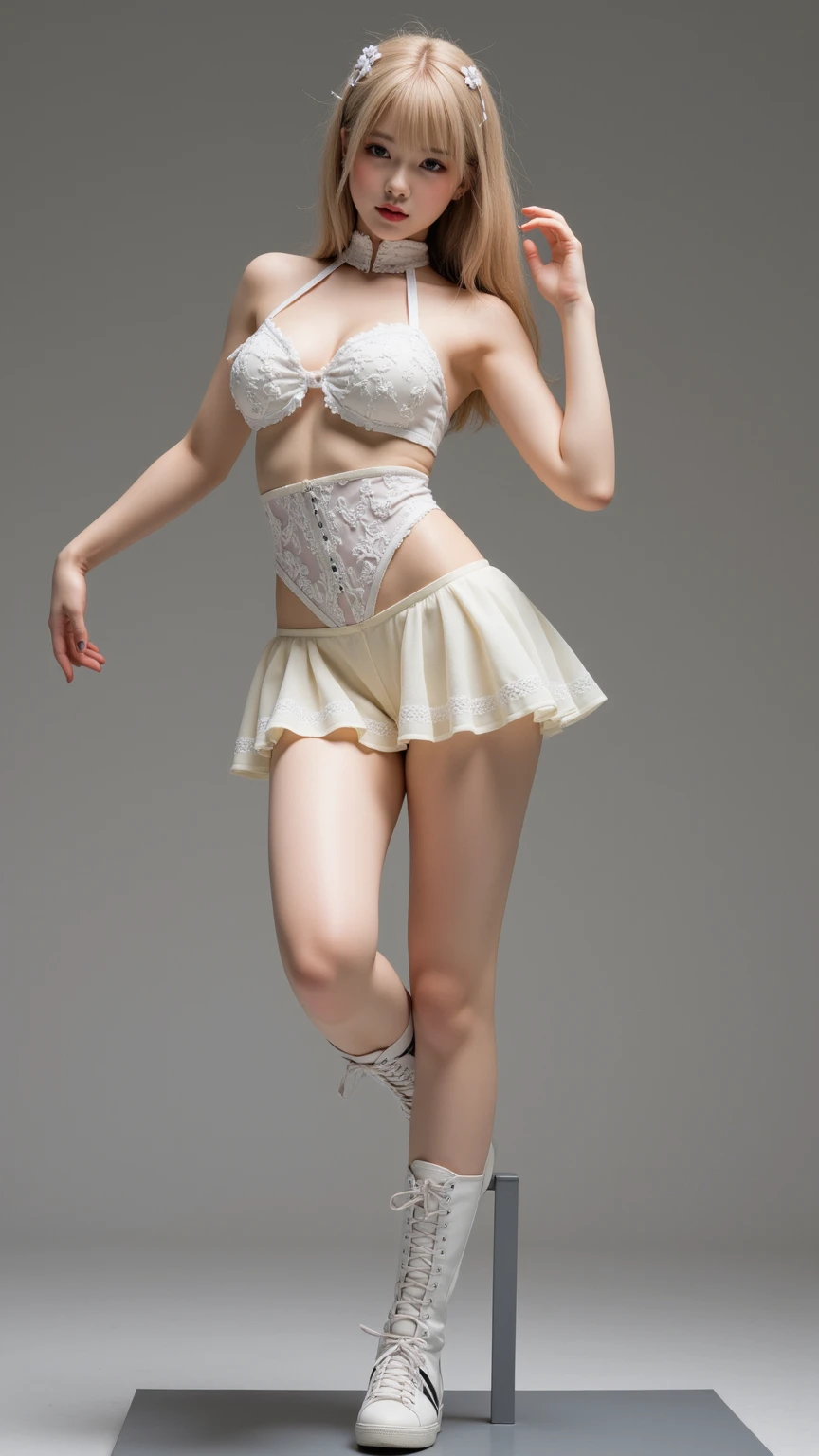 one-girl，a beauty girl，Chinese beautiful woman， Wear Christmas costumes，Undressing posture，cocking the buttocks，The action is to eat bananas，well-illuminated，Rich in detail，Delicate skin，Complicated details，The is very detailed，Ultra photo realsisim，The skin is delicate and shiny，full body shot shot，Expose legs and feet，Well-proportioned legs，Exposed shoulders，Expose your waist，A pink-haired，lips in red，The lips have lip gloss，Slim figure，mideum breasts，Thin waist，The legs are slim，Model figure，Side shot，电影灯光，Small aperture， Best picture quality