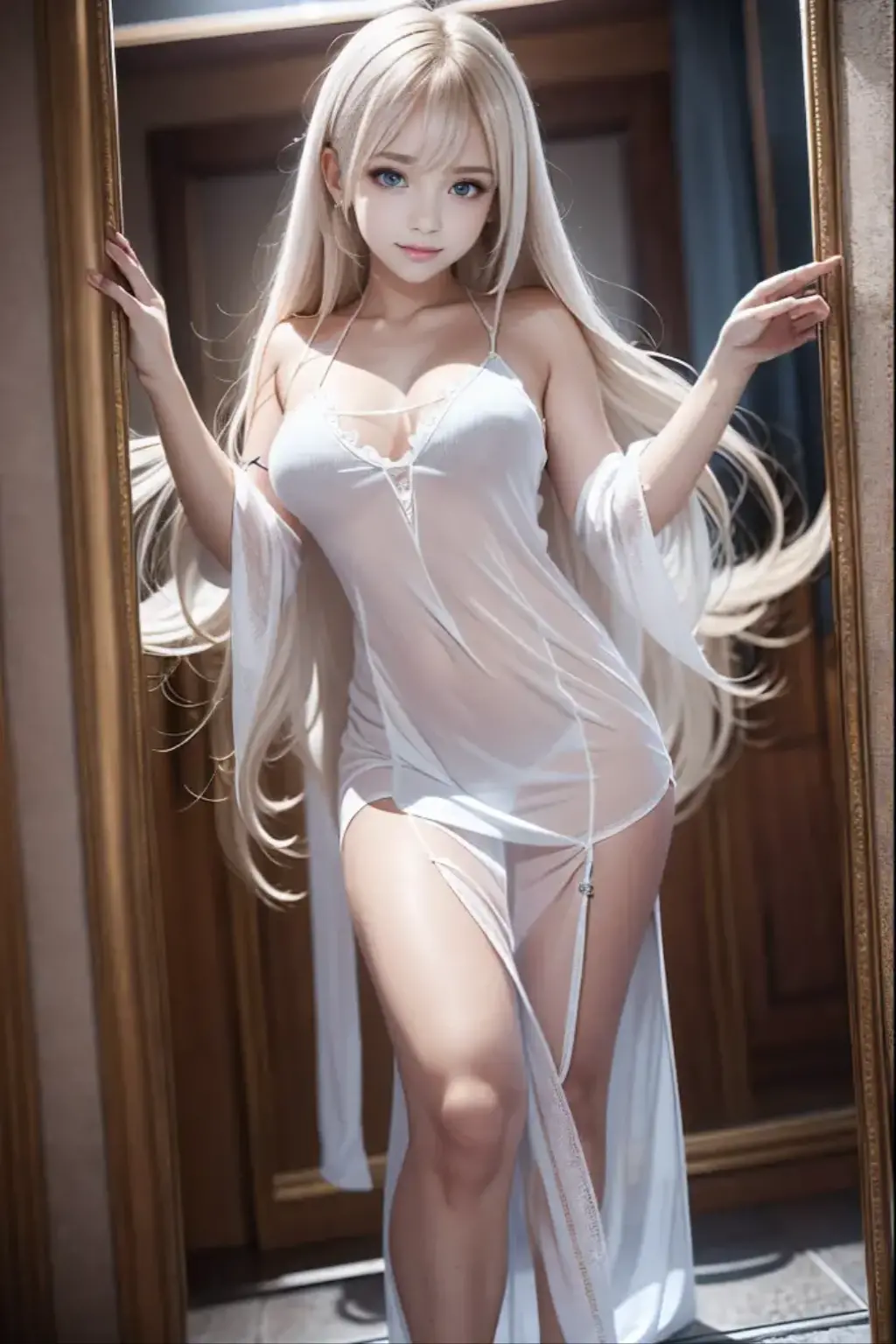 A very long straight silky albino-white haired sweden girl, bang, blue eyes, 20 years old, young, pale skin, Ultra high res, uhd, (photorealistic:1.4), mons veneris from the side, (hips facing camera:1.4), hands behind her back,  doll-like face, in a dark room dramatic lighting, shy, full body shot, side view, a towel wrapping around her body,