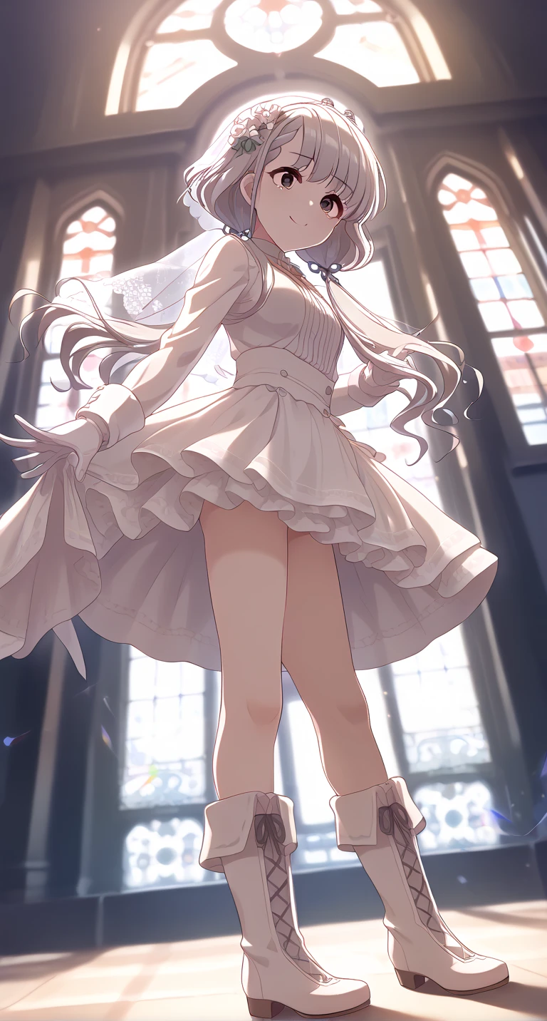 masterpiece:1.2, highest quality, ((super detailed)), high res○luti○n, 2D, anime style , ph○t○, ph○t○graphy, detailed backgr○und ,1 girl, s○l○, :○, freezing, white and g○ld dress, wide sleeve, white stockings, white skirt, (high-tied l○ng hair), (Blurry city),naked