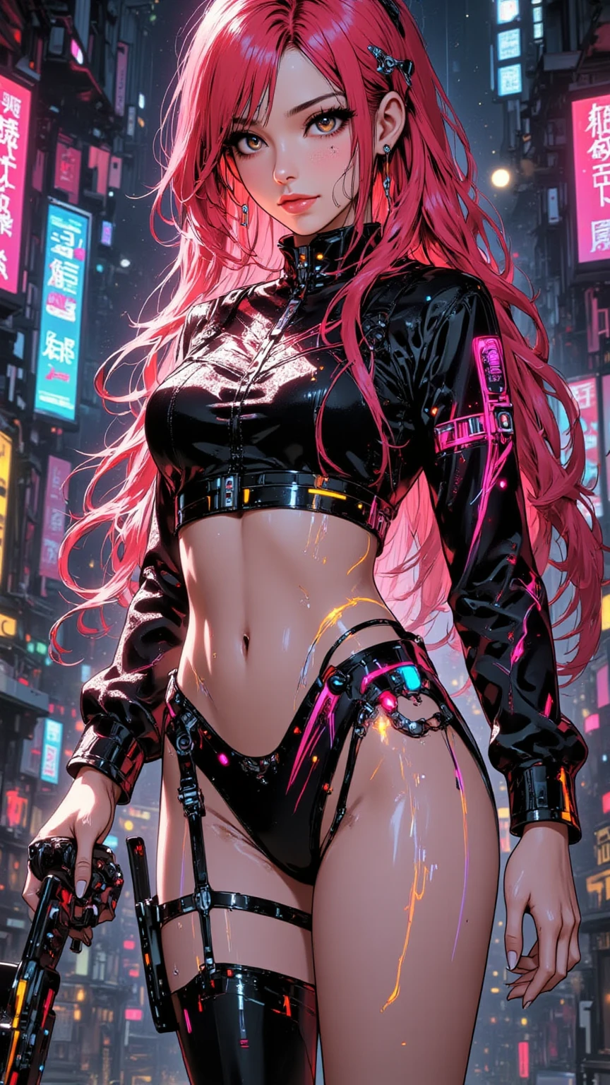 sporty girl,(((1girl))),((girl with bubblegum pink hair and freckles,extremely cute and gorgeous)),

(large breasts:1.4),saggy breasts,(((bubblegum pink hair:1.35,straight hair,long hair:1.4,colored inner hair,ear breathing))),((heterochromia:1.5, (pink_eye and aqua_eye))),(((freckles on the face,freckles,freckled girl))),((fat)),(((lustrous skin:1.5,bright skin: 1.5,skin tanned,shiny skin,very shiny skin,shiny body,plastic glitter skin,exaggerated shiny skin,illuminated skin, wet legs))),(spider lower abdomen,narrow waist,wide hip,athletic body,inflated legs,detailed body,(detailed face)),((perfect feminine face)),

cute,slutty,seductive,erotic,((nsfw)),

zettai ryouiki,((two-piece swimsuit magenta,wearing a bikini outfit:1.3,sport bikini)),(rgb headphones:1.5,cyber gloves:1.5,huge mech-gloves),((wet clothes,intricate outfit,intricate clothes,intricate swimsuit, intricate bikini)),

(dynamic pose:1.0),embarrassed,(centered,scale to fit dimensions,Rule of thirds),

cyberpunk city by the ocean at night, with bright neon signs and dark stormy clouds and puddles, scenery:1.25,nighttime, starry night, cosmos,Very dark night that makes the neon lights stand out, very bright neon lights,

artistic photography,(photography taken by sldr),highres, sharp focus,(ultra detailed, extremely detailed), (photorealistic artwork:1.37),(extremely detailed CG unity 8k wallpaper),((synthwave background theme)),(((vibrant colors))),intricate,(intricate background),(masterpiece),(best quality),perfect rendered face,perfect face details,realistic face,photo realistic,analog style,((intricate detail)),(((realism))),