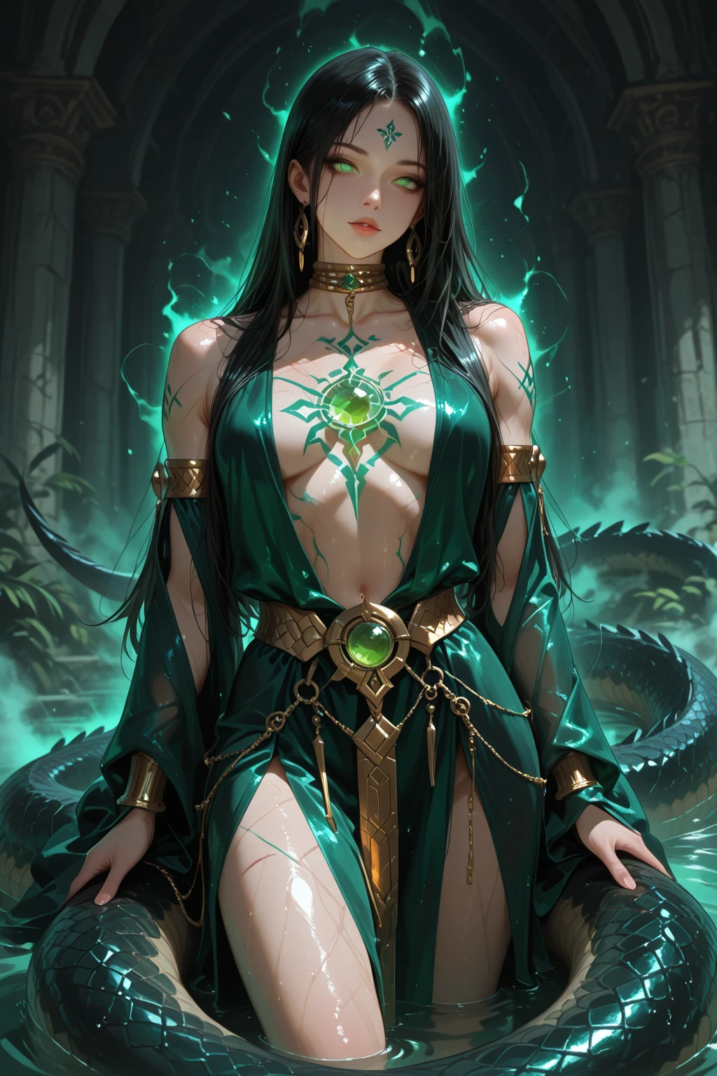((highest quality、masterpiece、8k、Realistic、超High resolution:1.3、Very delicate and beautiful、High resolution))、Cinema Lighting、medium range shooting、Portraiture、Perfect female body、Opposition、Looking at the audience、(Medusa from Another World、((Hair made of countless snakes:1.9))、((Reptilian eyes:1.4))、(hourglass figure:1.8、Big Breasts:1.4)、Ruthless smile、Petrifying gaze、scaly skin)、Emerald decoration、Sharp Fangs、Eyes shining in the dark、Ancient curses、Mysterious Aura、Cave of Darkness、Statue of the Victim、Silver bracelet、Poison Claws、Black Robe、Night Forest、Cold wind、Dark Shadows、Sharp Claws、Gemstone Necklace、coiled snake、Wicked Charm、cause fear、Magical Power、Ancient mythology、Hidden Cave、Stone statue、A Legend、Otherworldly background、Eternal Curse。