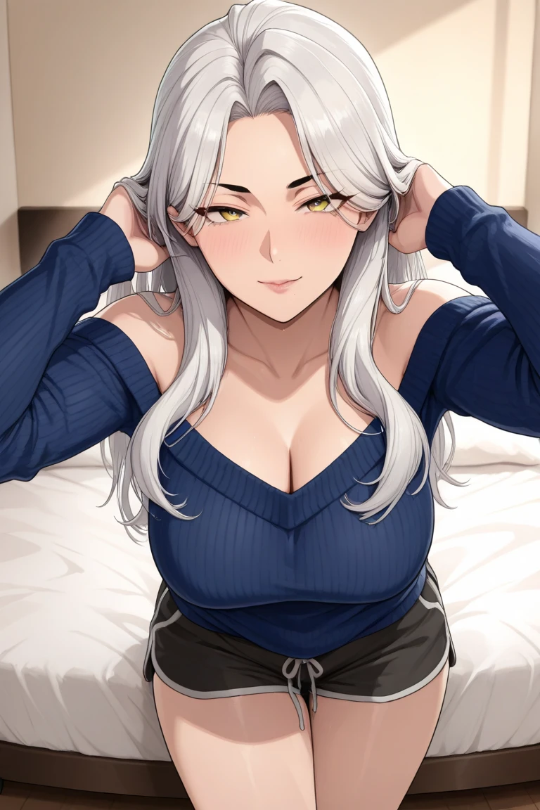 woman, looking at viewer, thick thighs, thick eyebrows, [covered nipples:0.2], cleavage, shirt, brow eyes, long grey hair, [highly detailed:0.2], anime, cel shading, small breasts