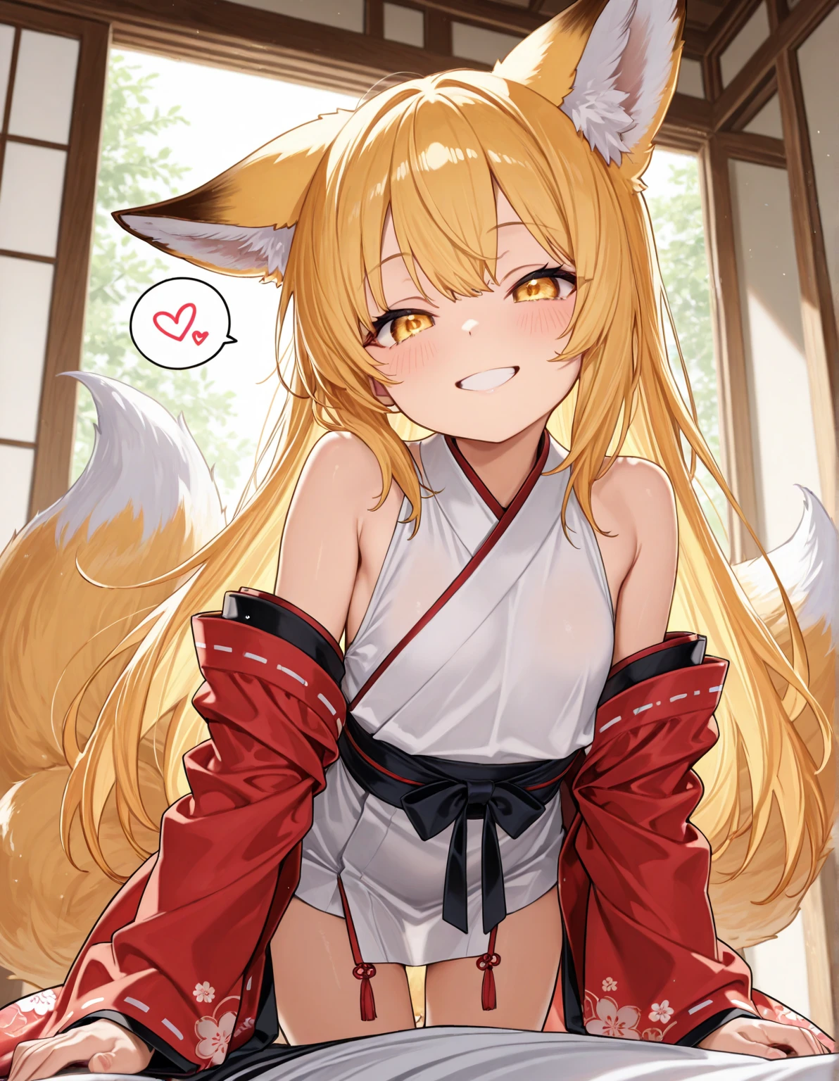 Fox girl, furry, furry, golden fur, golden face fur, long blonde hair, eyes with light, red eyes, super cute face, reach out to the camera, brown element on fur, miko, beautiful lights and shadows, ambient light, super fine fur, volumetric light, night, clouds and stars in the sky, starry sky outside, shooting stars, natural lighting, smile, fluffy tail, color contact lenses