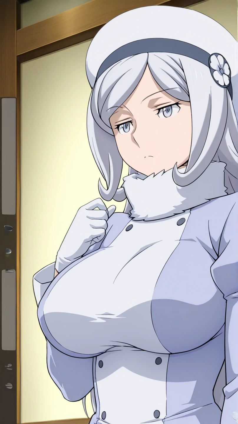 mature female, mature, adult, eft_FireForce_Hibana, 1girl, solo, dark skin, dark-skinned female, breasts, symbol-shaped pupils, cleavage, fur trim, long hair, white hair, blue eyes, parody, coat, pink hair, looking at viewer, upper body, big breasts, room, bed,