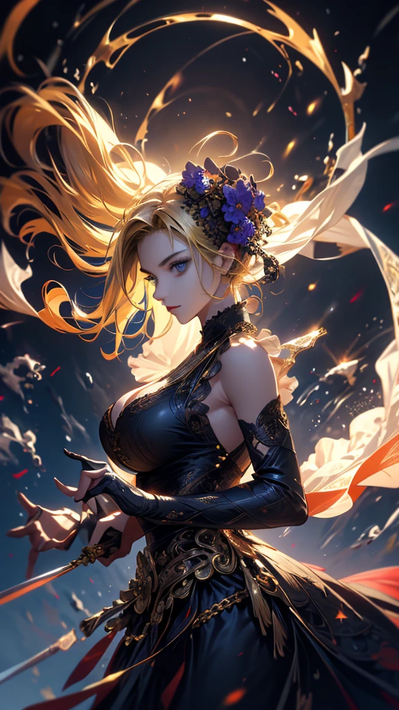 masterpiece, high quality, 4K, Beautiful design, silhouette,blonde, 非常に詳細な夜のStarry Sky,Flower Field, wonderful, Finer details, Very knowledgeable woman, Highly detailed solo, 1 female,Big Breasts,Rider Suit,Night view,Starry Sky,full moon,
