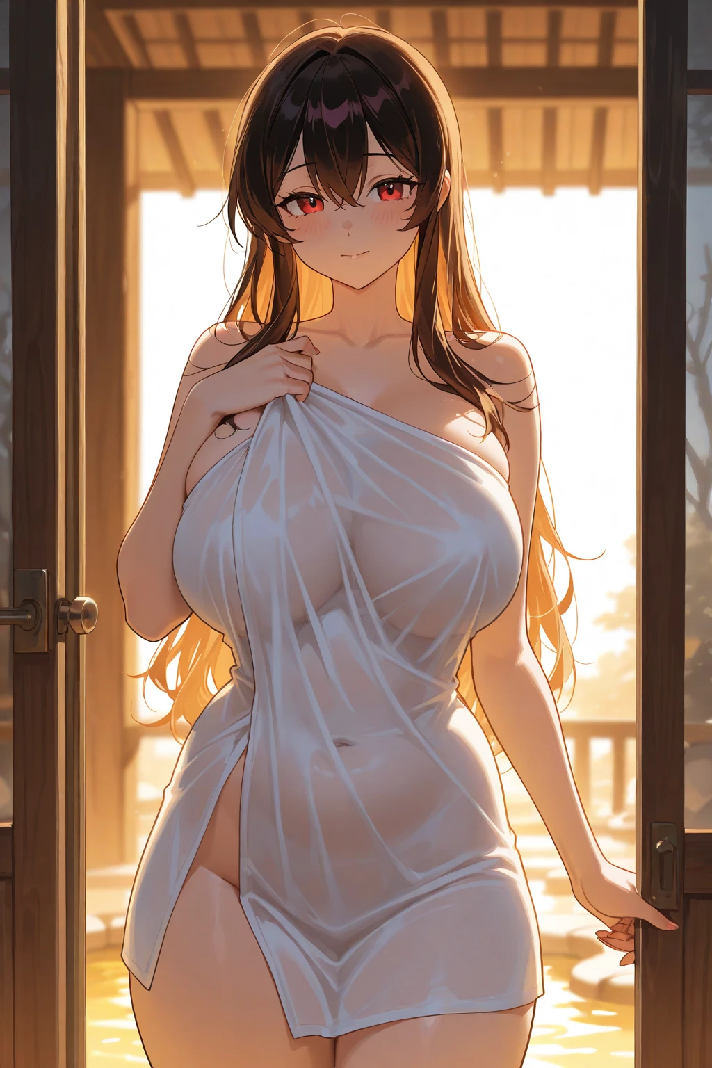 orihime inoue, bleach, fair skin, long hair, brown eyes, ((detailed eyes:1.2)), large breasts, wearing translucent white toga, sexy, sensual, sleeveless, sideboob, underboob, masterpiece, top quality, best quality, official art, beautiful and aesthetic:1.2), extreme detailed, colorful, highest detailed
